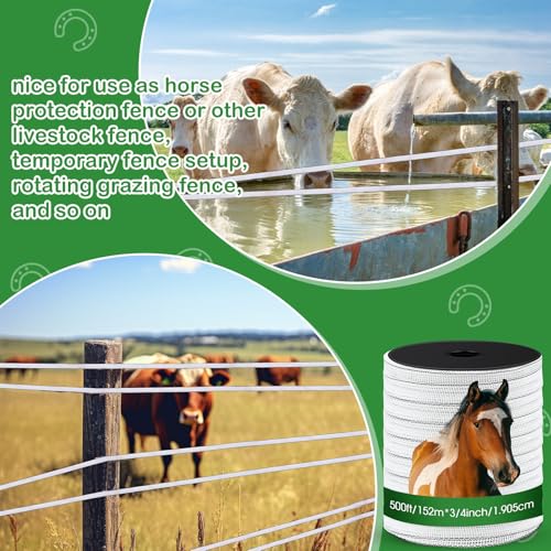 2 Rolls 500 ft x 3/4 Inch Electric Fence Polytape for Horse Livestock Cattle, High Visibility Electric Fencing Tape for Farm Temporary Horse Fence (White) - size: 500ft x 3/4in