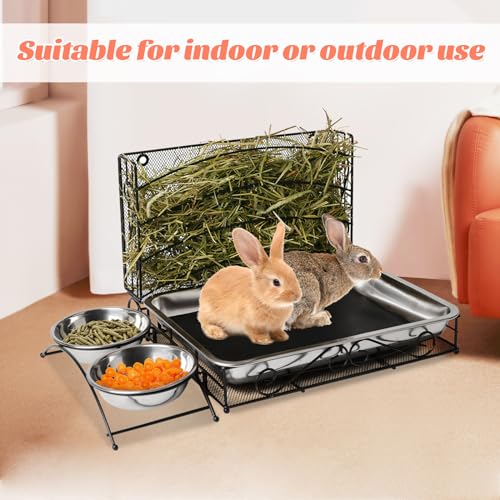 3 in 1 Rabbit Hay Feeder with Litter Box, Rabbit Feeder for Cages | Large Capacity Rabbit Feeder with 2 Stainless Steel Bowls, Litter Box for Guinea Pig Chinchilla Bunny Other Small Animals