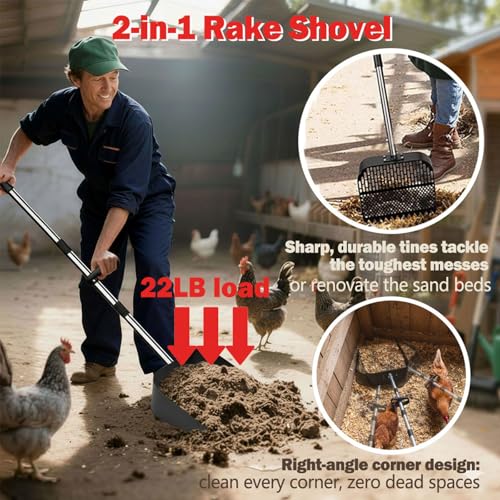 2-in-1 Chicken Poop Scooper & Rake,Large Adjustable Metal Shovel Head Chicken Coop Scooper for Sand with 22 to 63",10" Wide Durable Sand Sifting Shovel with Grip for Chicken Coops & Small Farm Animals
