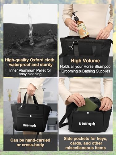 Horse Grooming Kit (12-Piece): Brushes, Storage Bag, Sweat Scraper, Mane Comb, Grooming Gloves, Horse Gift for Girls (Black) - color: Black