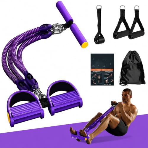 Pedal Resistance Band with Handle, Aturien Adjustable Powerful 4-Tube Elastic Bands for Exercise, Multifunctional Foot Pedal Puller, Home Workout Equipment for Legs Arms Abs - color: Light Purple