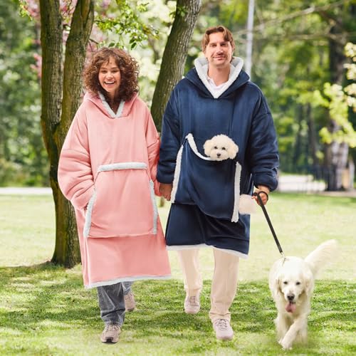 JOYWOO Pink Wearable Blanket Hoodie,Oversized Cat Lovers Sweatshirt Blanket for Adult, Birthday Gifts for Women,Mom,Men,Cozy Sherpa Hooded Blanket with Giant Pocket Winter Gifts,Mellow Rose Standard - color: Mellow Rose, size: Adult