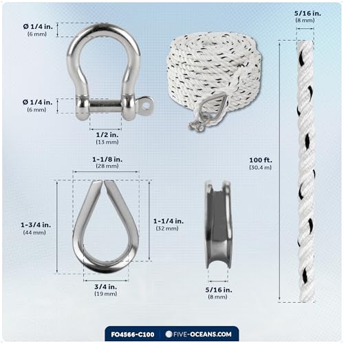 Five Oceans Anchor Line 5/16" x 100' - Anchor Rope Line, Marine Premium 3-Strand White Nylon Boat Anchor Rope - Stainless Steel Thimble and Shackle, Ideal for Mooring Anchoring Towing - FO4566-C100 - style: 5/16 inch x 100 ft