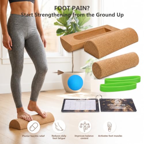 Cork Balance Board 4-in-1 Foot and Ankle Strengthener Kit | Natural cork kit with roller, ball, toe bands, guide and log for foot strength, ankle stability, mobility and balance
