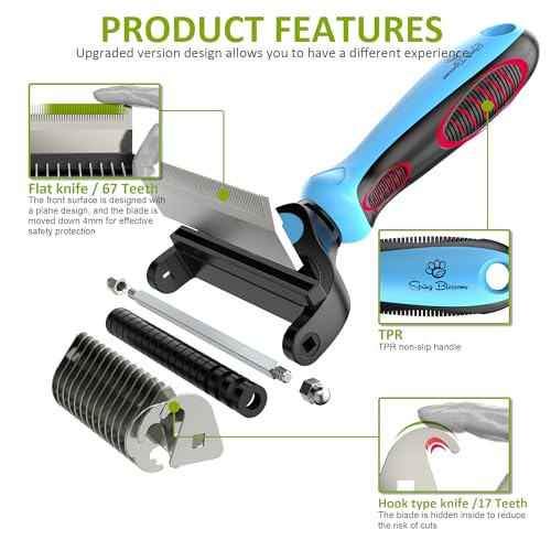 Spring Blossoms-2 in 1 Professional Grooming Rake for Cats & Dogs-Dematting Comb for Easy Mats & Tangles Removing,Pet Brush Safe No More Nasty Shedding and Flying Hair (Blue) - color: Blue