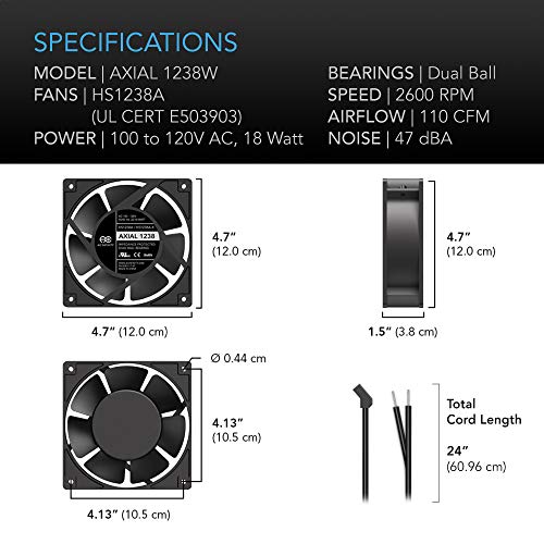 AC Infinity AXIAL 1238W, Muffin Fan, 120V AC 120mm x 38mm | High Speed, UL-Certified for DIY Cooling Ventilation Exhaust Projects - size: Single 120 x 120 x 38 mm, Hard Wire