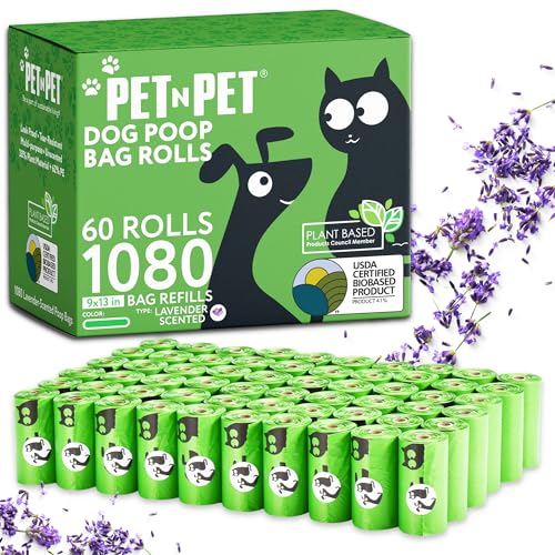 Pet N Pet Doggie Poop Bags, 1080 Count, Lavender Scented Waste Roll Refills | Green, Dogs, 41% Plant Based, 59% PE, Extra Thick, 9 x 13, Leak-Proof, Tear-Resistant, Easy-Tear Design, dog waste bags - color: Green - Scented