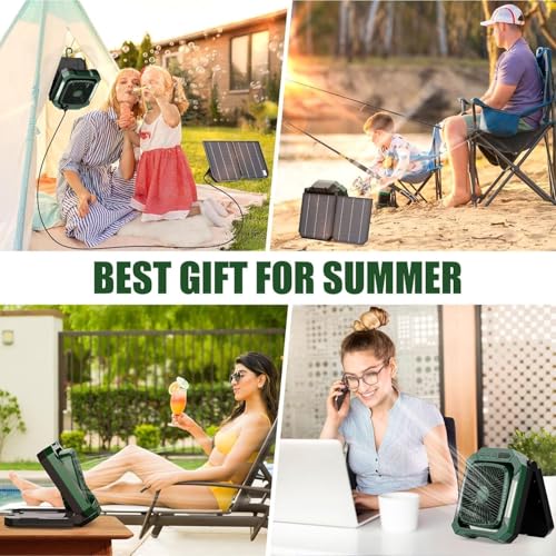 Portable Camping fan Rechargeable, 2-in-1 Battery Powered Solar Fan with Detachable Solar Panel, 270° Rotation Personal USB Desk Fan with 3 Speed/Timer/LED Light/Hanging Hook for Outdoor - color: Green A