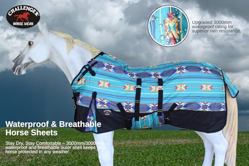 Challenger 1200D Turnout Waterproof Rain Horse Sheet Light Winter Blanket 378B - color: Turquoise Aztec, size: 74 inches