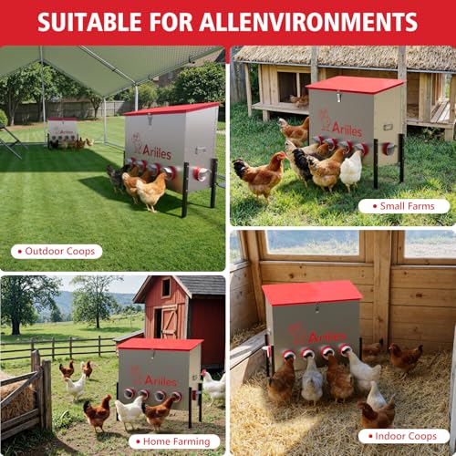 Automatic Chicken Feeder, Metal Poultry Feeder, Chicken Feeders | 100LB Poultry Feeder With Stand & 10 Ports. Includes Bonus Vegetable Net, Feeder Sealant And Anchor Stakes For Chicken. - size: 100 LB