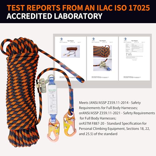 DIJJIG Rope Harness Safety Lanyard 25ft Vertical Roofing Rope With Grab Snap Hooks Shock Absorber Fall Protection Tree Climbing Line Kit Heavy Duty Roof Safety Equipment ANSI CE | Shock Absorber Fall Protection Tree Climbing Line Kit Heavy Duty Roof Safet
