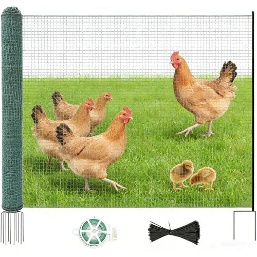 Non Electric Fence Netting 40" x100', Boundary Fence with Double Spiked Posts, Portable Poultry Fence All-Purpose Fencing for Dogs, Chickens, Ducks, Turkeys Suitable in Backyard, Garden, Farm