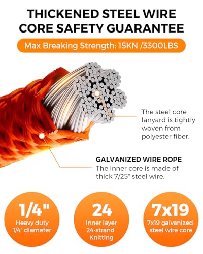 8ft Steel Wire Core Flipline, 3300Lbs Arborist Positioning Lanyard Kit | 1/2" FlipLine Tree Climbing Gear with Triple Lock Carabiner, Steel Swivel Snap & Rope Grab for Tree Climbing Fall Protection - size: 1/2’’ x 8 ft
