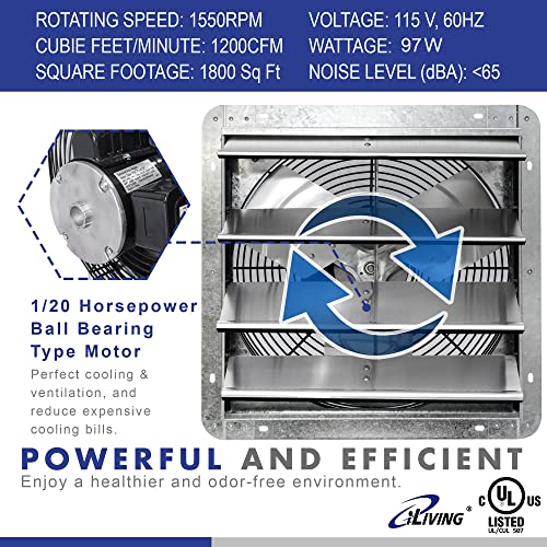 iLIVING 16" Wall Mounted Shutter Exhaust Fan, Automatic Shutter, with Thermostat and Variable Speed controller, 0.85A, 1200 CFM, 1800 SQF Coverage Area Silver (ILG8SF16V-ST) - size: 16"