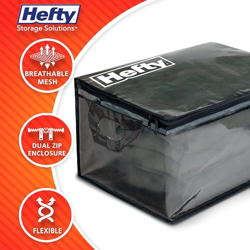 Hefty Large Flexible Tote with Breathable Mesh, Double Zipper, 2 Handles – Ideal for Moving or Clothes & Apparel Storage, Alternative to Plastic Bin, Organizer or Container – 2 Pack - size: 11 Gal - Standard