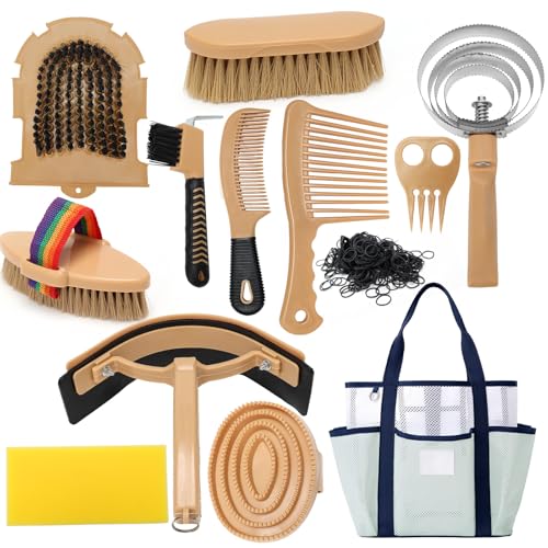 Horse Grooming Kit for Bathing, 13Pcs Horse-Brush Set with Mesh Bag, Shower Brushes, Braiding and Curry Comb, Sweat Scraper, Hoof Pick, Shedding Massaging Tool Supplies for Riders Beginners - size: 13 Count (Pack of 1)