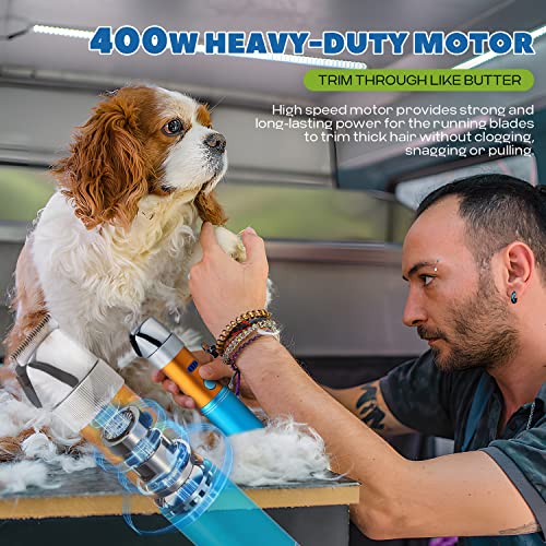 Dog Clippers for Grooming 400W with Rechargeable 5h-Standby Battery | Low Noise < 50db, Cordless Heavy-Duty Pet Hair Shaver Kit, with 2 Sharp & Detachable Blades of 3MM&6MM, Blue - size: 400W