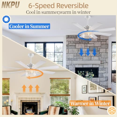 NKPU 52" Farmhouse Crystal Ceiling Fans with Lights and Remote, Chandelier Industrial Ceiling Fan with Dual 8 Blades, 6 Speed Reversible Motor, Timing, White Ceiling Fan for Living room, Bedroom - color: White
