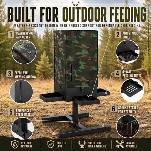 80 lbs Deer Feeder, Gravity Deer Feeder w/Adjustable Feed Outlet | 4 Feeding Tray, View Window, Weatherproof Camo Cover, Metal Deer Feeders for Woodland, Farm, Ranch & Hunting Grounds