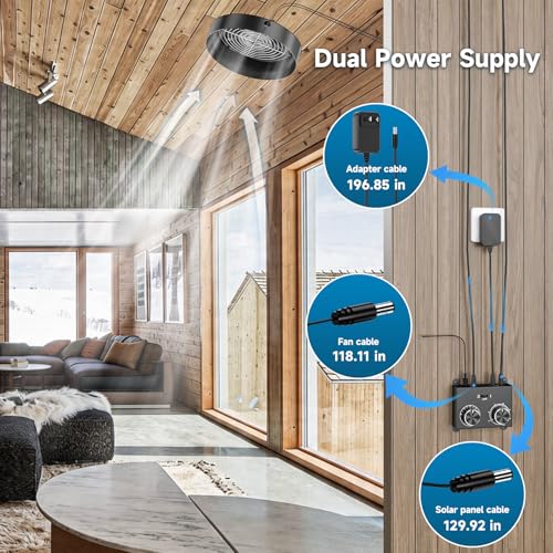 25W Solar Roof Vent Exhaust Fan for Small Shed Garage Attic 24/7 Operation | Thermostat,MPPT Controller,Dual Power Auto-Switch for 24/7 Operation,Adpater,Adjustable Wind Speed,Cools up to 1300 Sq.Ft - color: White and Black