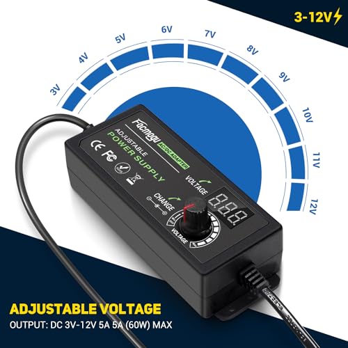 Facmogu 3V-12V 5A 60W Power Supply, Adjustable Voltage DC 3V 5V 6V 9V 12V | Variable Universal AC/DC Adapter | LED Display | 100V-240V AC to DC Switching Converter | Multi-Voltage Regulated Adaptor - size: 3-12V 5A