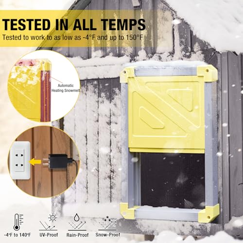 Automatic Chicken Coop Door Powered with Heating, Anti-Pinch Design Solar Chicken Door Opener, Black Auto Chicken House Run Door with Three Power Supply Modes for Chickens and Ducks