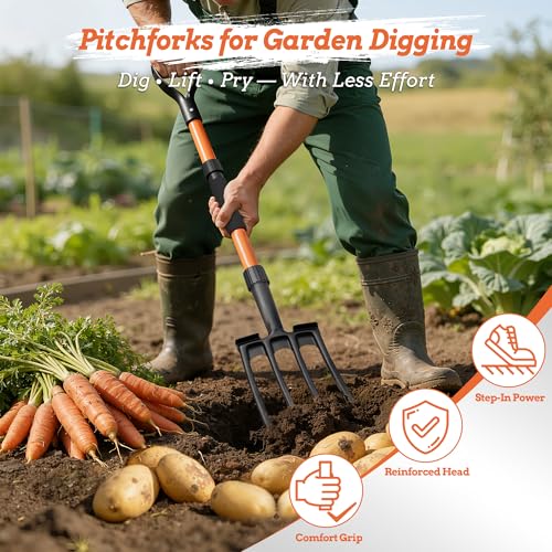 Garden Fork for Digging, 4-Tine Pitch Fork with Foot Step, Ergonomic Y-Handle & Comfortable Grip, Lightweight Durable Pitchfork for Soil Loosening, Compost, Mulch, Weeding & Potato Harvest - 43 Inches - size: 43-inchs