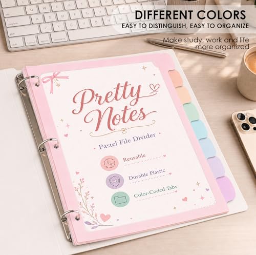 Pastel Binder Dividers, 2 Sets of 8 Tabs, Cute Pink, 3 Ring Binder | 2 sets of 8-tab pastel plastic binder dividers with large write-and-erase tabs, frosted centers, and 3-ring compatibility.