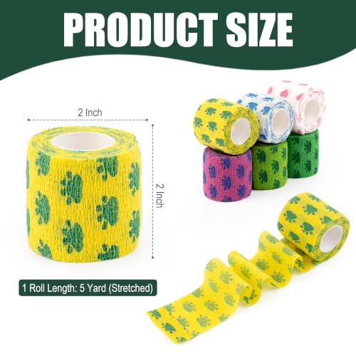 Vet Wrap Cohesive Bandages, Self-Adhesive Bandage Wrap, Breathable Non-Woven Self Adherent Tape for Pet Dog Leg Paw Wound, Horse, Cat, First Aid & Ankle Sprain, 2 Inch, 6 Rolls - color: Paw Prints B