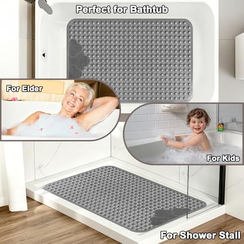 Extra Large Shower Foot Scrubber Mat, Yonala 47x32 Inch Non Slip Shower Mats for Elderly, Anti Slip Shower Mat with Suction Cups, Soft Trimmable TPE Shower Mat for Walk in Shower Stall, Heavy Mat - color: Gray
