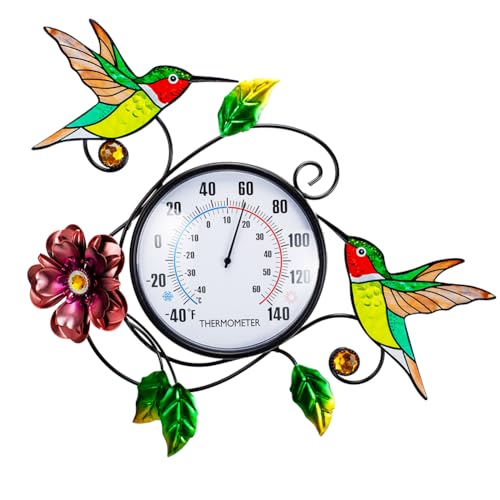 Hummingbird Outdoor Thermometer No Need Battery | 15" Indoor Wall Thermometers, Decorative Metal Thermometerfor for Garden Patio Home Room - color: Hummingbird & Flower