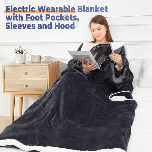 Wearable Heated Blanket with Foot Pocket, Electric Wearable Throw Blanket with Sleeves, Hood, Portable Heated Blanket with 8 Heat Settings, 1-10 Hours Auto Shut-off, Gift for Family, Friends, 50*70" - color: Grey