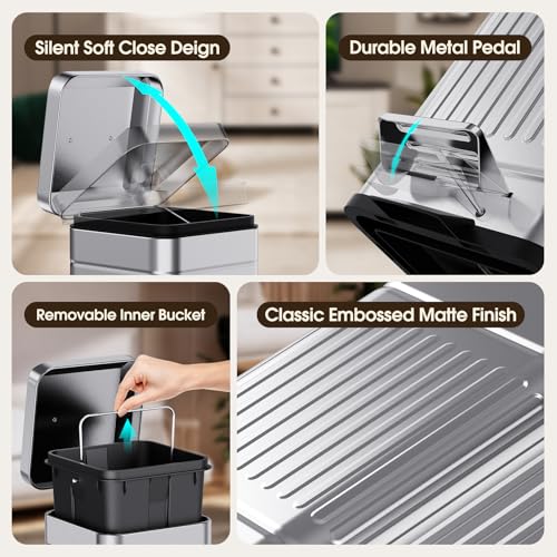 CEROELDA Small Trash Can with Lid-5L/1.3 Gal,Outdoor Dog Poop Garbage Can-Farmhouse Retro Metal Waste Bin w/Step Pedal for Bathroom Bedroom Office-Soft Close-Galvanized Steel… - color: Galvanized steel