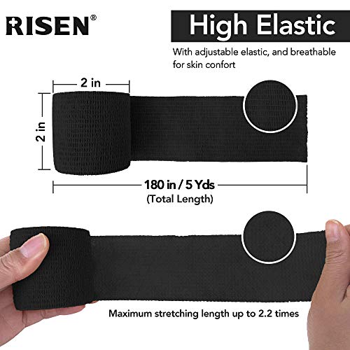 RISEN Cohesive Bandage 2” x 5 Yards, 6 Rolls, Self Adherent Wrap Medical Tape, Adhesive Flexible Breathable First Aid Gauze Ideal for Stretch Athletic - color: Black