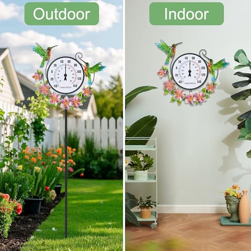 Outdoor Indoor Wall Thermometer with Hummingbird Metal Stake Outside Waterproof Decorative Temperature for Lawn Yard Pathway Patio No Batteries Required