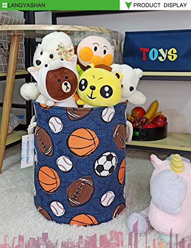 Round Thick Navy Ball Game Laundry Basket Collapsible Organizer Boys Girls | Canvas Foldable Storage Hamper Sturdy Rope Handles for Household Gift Baskets Bedroom Clothes Toys Children Nursery - color: Navy Ball Game