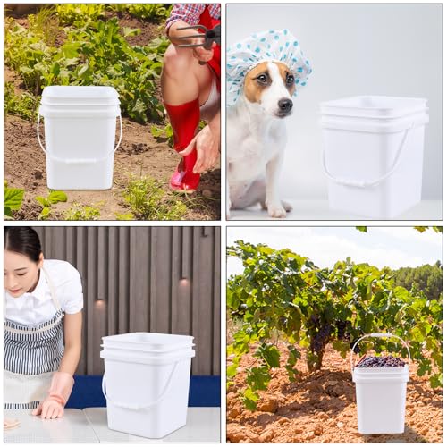 Bringer 4 Pcs 5 Gallon Utility Square Plastic Bucket Pail with Lid, White | airtight sealed cover, comfortable grip handle, durable plastic, for kitchen commercial food storage