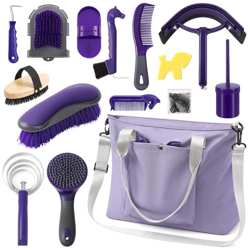 Abbylike 15 Pieces Horse Grooming Kit with Organizer Tote Bag Tack Room Supplies Horse Brush Sets Care Equine Cleaning Kit Shedding Grooming Massaging Tools(Purple and Grey) - color: Purple and Grey