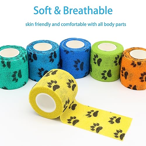 Self Adhesive Bandage Wrap Animal Cohesive Bandage Self Adherent Wrap First Aid Tape for Dogs Cats Horses Birds & Wrist Healing Ankle Sprain (2 Inch Mixed Cat Paw 6 Rolls) - color: 2 Inch Mixed Cat Paw 6 Rolls