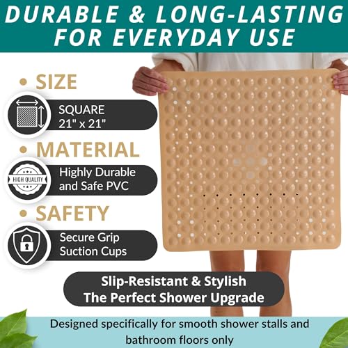 ENKOSI 21 x 21 inch Square Non-Slip Shower Mat – Anti-Slip Shower Mats for Inside Shower – Secure Grip for Shower Stall Floors – Quick-Dry with Drain Holes (21x21 Beige) - color: Beige