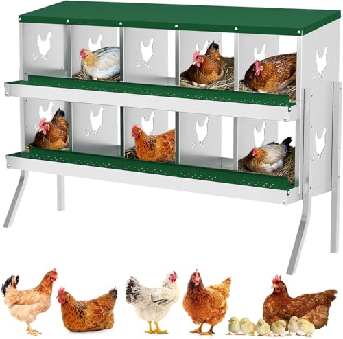 Garvee Large Metal Chicken Nesting Boxes for Hens, 10 Compartment Galvanized Steel Nesting Box with Legs, Includes 4 Fake Eggs & 10 Soft Nest Pads, Wall Mount or Freestanding for Coop & Farm - style: 10 Holes w/ Legs