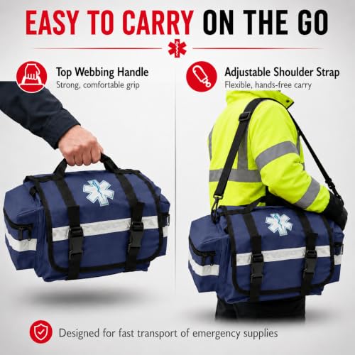 NOVAMEDIC NM-RO63P Professional First Responder Bag, 17” x 9” x 7” Empty EMT Trauma Kit Carrier with Removable Dividers, Reflective Strips, Water-Resistant Base for Emergency Medical Supplies (Blue) - color: Blue