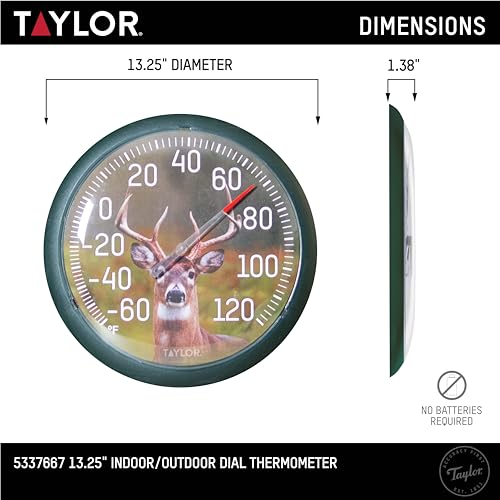 Taylor Buck Indoor Outdoor Dial Thermometer, Wireless Easy Read Large Numbers for Patio Pool Garden Garage Indoor Use, Weather Resistant 13.25 Inch Home Decor Stylish Outdoor Temperature Gauge, Green - style: Buck