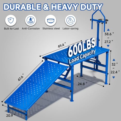 Goat Milking Stand with Ramp, 600LBS Foldable Livestock Trimming Platform, Metal Grooming Stand with Adjustable Headpiece & Stainless Steel Feeder for Nubian & Dwarf Goats