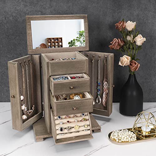 Emfogo Jewelry Box for Women, Rustic Wooden Jewelry Boxes & Organizers with Mirror, 4 Layer Jewelry Organizer Box Display for Rings Earrings Necklaces Bracelets (Weathered Gray) - color: Weathered Gray