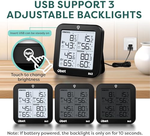 OBET Weather Station Wireless Indoor Outdoor Thermometer Wireless, Digital Temperature and Humidity Monitor with 3 Sensors, Adjustable Backlight, USB Port (500 Feet) - color: Black-Small