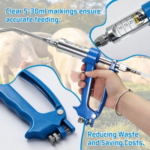 30ml Veterinary Drench Gun Adjustable Metal Oral Dosing Dispenser, Reusable Livestock Medicine Feeding Syringe, Durable Continuous Drenching Tool for Sheep, Cattle, Pig, Horse and Farm Animals (30ML)