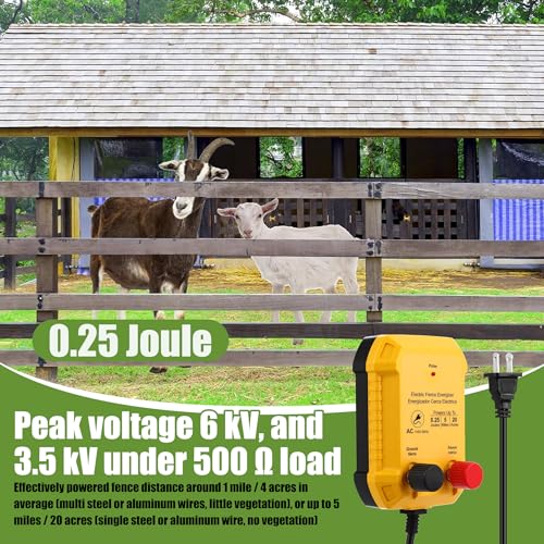 Electric Fence Charger Kit 0.25J 5 Mile 50 Insulators 250ft Wire | 110VAC Plug in for Poultry Pets, Socket Tool, Aluminum Conductor, Screw Mount, Garden Pond Orchard Protection - style: 0.25 Joule