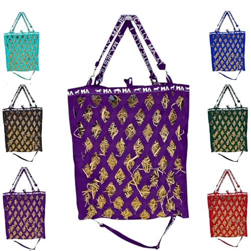 Majestic Ally Double Side Open Slow Feeder Hay Bag - Diamond Shaped Obliquely Placed Webbing (Purple) - color: Purple