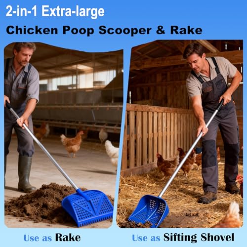 11.8inch Heavy Large 2-in-1 Chicken Poop Scooper & Rake,Adjustable Aluminum Handle（20–61"） Chicken Coop Scoop– Litter Scoop Sand & Sifting Shovel for Chicken Coops Shoveling Snow(Green) - color: Green